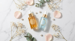 Two glass skincare serum bottles in warm amber and cool blue tones rest on a white marble surface surrounded by delicate botanicals, representing brightening ingredients for hyperpigmentation.