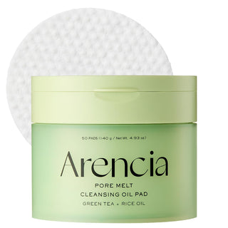 Arencia Pore Melt Cleansing Oil Pad showing 50 soft cleansing pads in a sealed package with branding and product details.