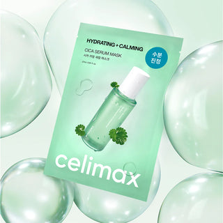 Celimax Cica Calming Serum Mask, one sheet mask with soothing ingredients for sensitive skin, displayed on a clean background.