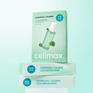 CELIMAX Cica Calming Serum Mask, individual sheet mask with soothing ingredients, designed for calming and hydrating skin.