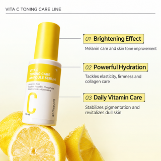 Deoproce Vita C Tonning Care Ampoule Serum in a clear glass bottle with a dropper, designed for brightening and skin revitalization.