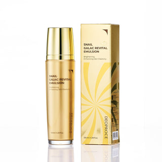 Deoproce Snail Galac Revital Emulsion in a clear bottle, showing the skincare product ready for application.