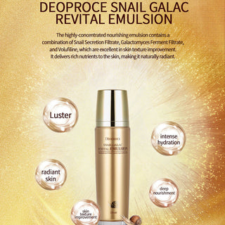Deoproce Snail Galac Revital Emulsion bottle, skincare product with a white and green label, designed for facial hydration and revitalization.