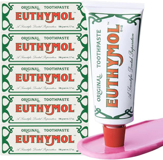 Euthymol Original fluoride-free toothpaste in a 75ml tube, featuring the distinctive red and white packaging.