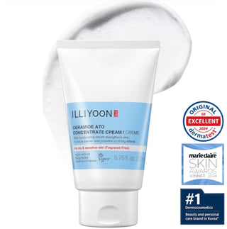 Illiyoon Ceramide Ato Concentrate Cream jar, 230ml, with smooth cream texture and labeled packaging visible.