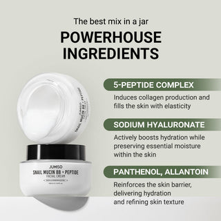 Jumiso Snail Mucin 88 + Peptide Cream 100ml jar showing the white cream inside a clear container with a silver lid.