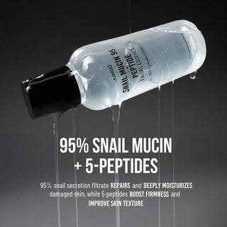 Jumiso Snail Mucin 95 + Peptide Facial Essence in a 140ml bottle, showcasing the clear, lightweight essence with a pump dispenser.