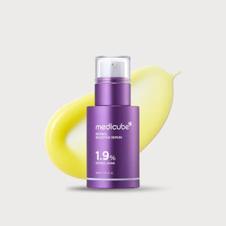 Medicube Retinol Boosting Serum 30mL bottle with dropper, featuring clear packaging and branding for skincare.