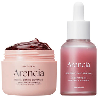 Arencia Pore Perfection Collagen Serum Duo bottles with clear packaging and dropper applicators on a white background.