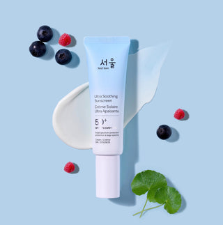 Seul Kare Ultra Soothing Sunscreen SPF 50+ in a tube, featuring a lightweight formula with zero cast for sensitive skin protection.