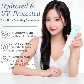 Seul Kare Ultra Soothing Sunscreen SPF 50+ with zero cast, showing the sunscreen tube and SPF label on a white background.