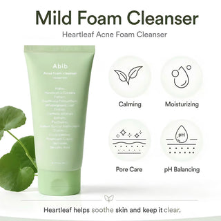 Abib Acne Foam Cleanser with Heartleaf foam in a 150ml bottle, featuring a pump dispenser and clear labeling on the front.