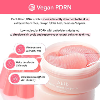 Abib PDRN Retinal Eye Patch Glow Jelly, 60-pack, showing the jelly eye patches in a container with packaging details.