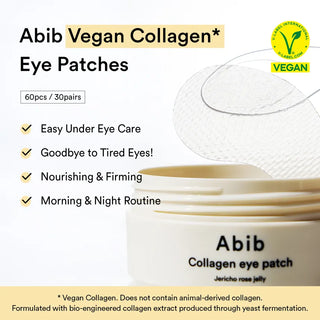 Abib Collagen Eye Patch Jelly with Jericho Rose, 60 count, showing the jar and eye patches inside, highlighting the skincare product.