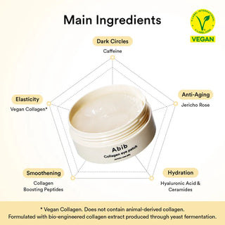 Abib Collagen Eye Patch with Jericho Rose Jelly, 60 sheet pack, showing jelly-filled eye patches in a clear container.