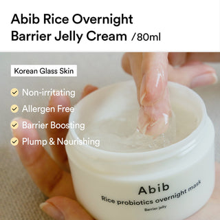 Abib Rice Probiotics Overnight Mask in a clear jar, showcasing the barrier jelly texture and branding label on the front.