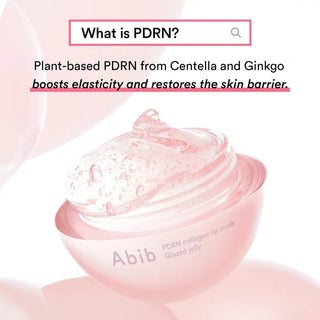 Abib PDRN Collagen Lip Mask in glazed jelly form, showing a clear, glossy lip mask on a white background.