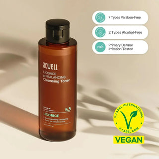 ACWELL Licorice pH Balancing Cleansing Toner bottle showing the product label and packaging for skincare.