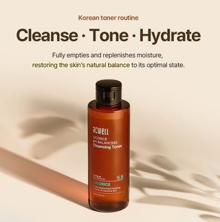 ACWELL Licorice pH Balancing Cleansing Toner bottle, featuring clear liquid and white cap, designed for gentle skin cleansing.