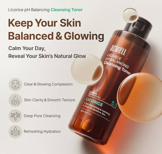 ACWELL Licorice pH Balancing Cleansing Toner bottle, clear liquid, and minimalist label, designed for skin balancing and refreshment.
