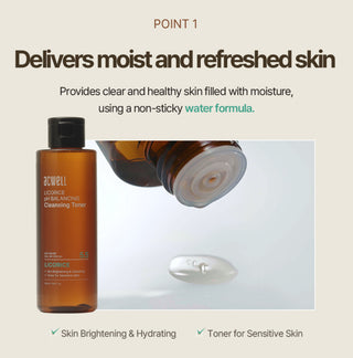 ACWELL Licorice pH Balancing Cleansing Toner bottle with clear label and cap, designed for gentle skin cleansing and pH balance.