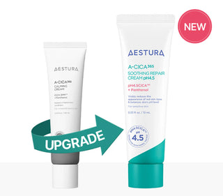 Aestura A-Cica 365 Soothing Repair Cream in 60mL jar, facial cream with pH 4.5 for calming and repairing skin.