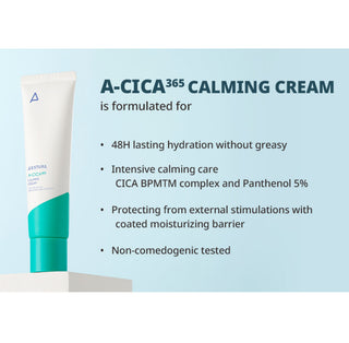 Aestura A-Cica 365 Soothing Repair Cream in 60mL container, facial cream with pH 4.5 for skin soothing and repair.