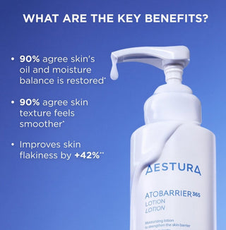 Aestura Atobarrier 365 Lotion 150mL, moisturizing lotion in a white bottle with a pump dispenser, designed for skin barrier support.