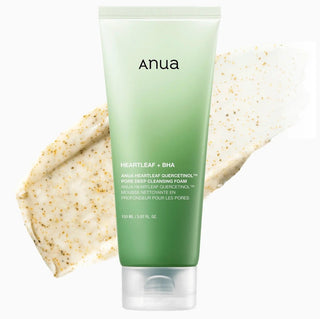 Anua Heartleaf Quercetinol Pore Deep Cleansing Foam in a 150ml bottle, showing the creamy foam and product packaging.