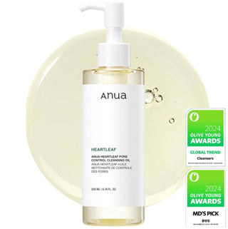 Anua Heartleaf Pore Control Cleansing Oil bottle with pump dispenser, designed for deep cleansing and pore refinement.