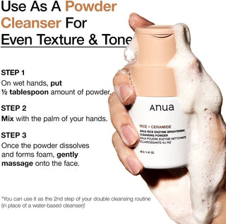 Anua Rice Enzyme Brightening Cleansing Powder 40g in a clear jar with white and rice-themed packaging.