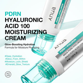 ANUA PDRN Hyaluronic Acid 100 Moisture Cream in a 60mL jar, showing its smooth, hydrating cream texture and packaging.