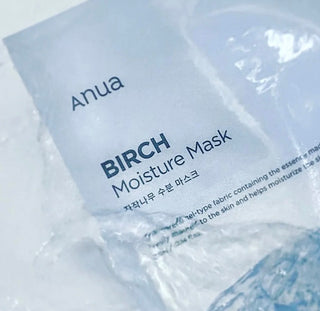 Anua Birch Moisture Face Sheet Mask showing the mask's packaging and product details for deep hydration.