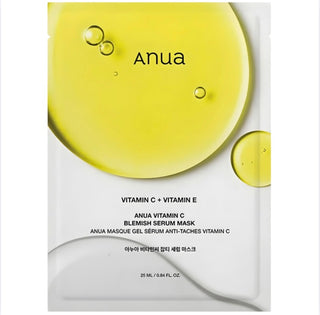 Anua Vitamin C Blemish Serum Face Sheet Mask lying flat, showing packaging and product details for clear skin nourishment.
