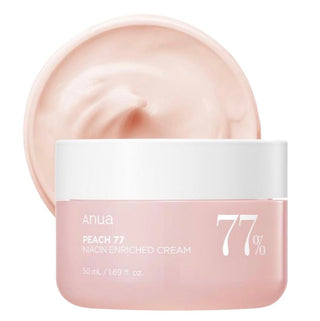 Anua Peach 77 Niacin Enriched Facial Cream in a 50mL jar with peach-colored packaging and branding.