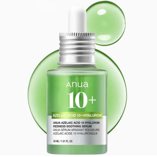 Anua Azelaic Acid 10% and Hyaluronic Acid serum in a 30mL bottle, featuring a clear dropper with serum and skincare label.
