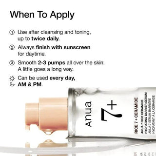 Anua Rice 7 Ceramide Hydrating Barrier Serum in a 50mL bottle, featuring a clear dropper and white label with blue accents.
