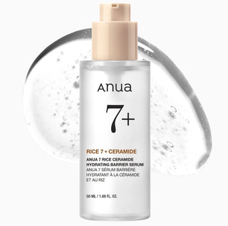 Anua Rice 7 Ceramide Hydrating Barrier Serum in a 50ml bottle, featuring a clear serum with a minimalist label and pump dispenser.