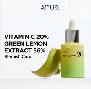 Anua Vitamin C 20 Blemish Serum in a clear bottle, showing the product label and dropper applicator, designed for skincare.