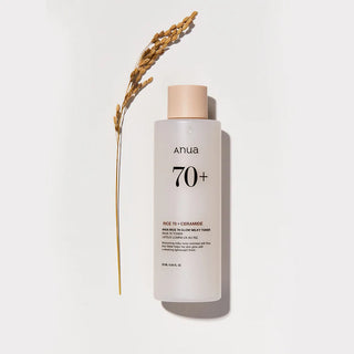 Anua Rice 70 Glow Milky Toner in a clear 250mL bottle featuring a white label and pump dispenser, designed for skin hydration.