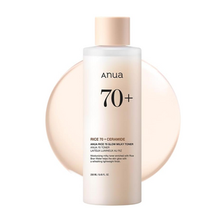 ANUA Rice 70 Glow Milky Toner in a 250mL bottle, featuring a milky texture and nourishing rice extract for radiant skin.