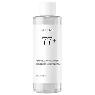 Anua Heartleaf 77 Soothing Toner in a 250ml bottle, featuring a clear liquid and minimalist label, for calming skin.
