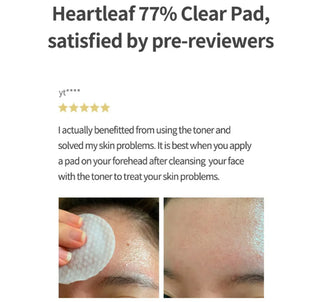 Anua Heartleaf 77 Clear Pad toner pads for skincare, showing a close-up of the product packaging and pads.