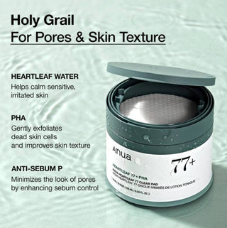 Anua Heartleaf 77 Clear Pad toner pads for skincare, showing the product packaging and pads in a white container.