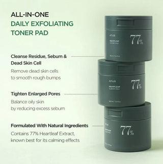 Anua Heartleaf 77 Clear Pad toner pads, featuring natural ingredients in a clear, easy-to-use container for skincare.