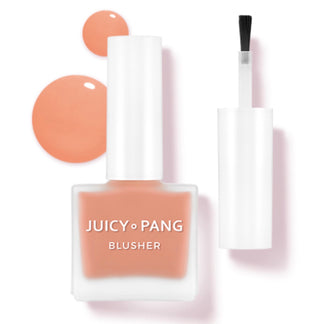 APIEU Juicy Pang Water Blusher 9g, a makeup product, showing a vibrant pink water-based blush compact with a clear lid and blush inside.