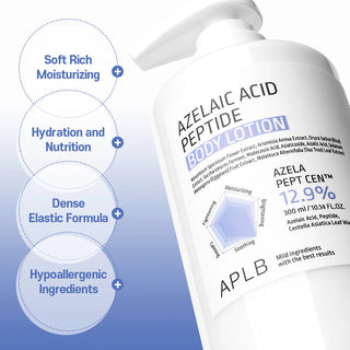 APLB azelaic acid peptide body lotion in a 300ml pump bottle, featuring a sleek white and purple design.