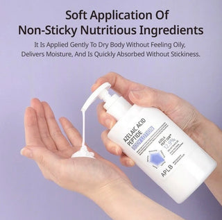 APLB azelaic acid peptide body lotion in a 300ml bottle, featuring a sleek white packaging with a pump dispenser.