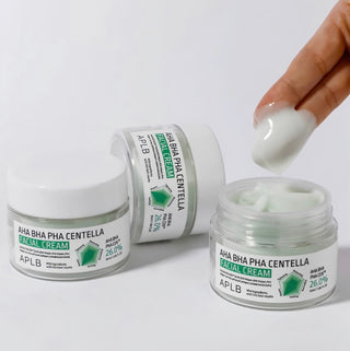 APLB AHA BHA PHA Centella facial cream in a 55ml jar, showcasing the soothing cream with centella extract and active exfoliating ingredients.