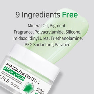 APLB AHA BHA PHA Centella facial cream in 55ML jar, showing the creamy texture and natural ingredients for skincare.